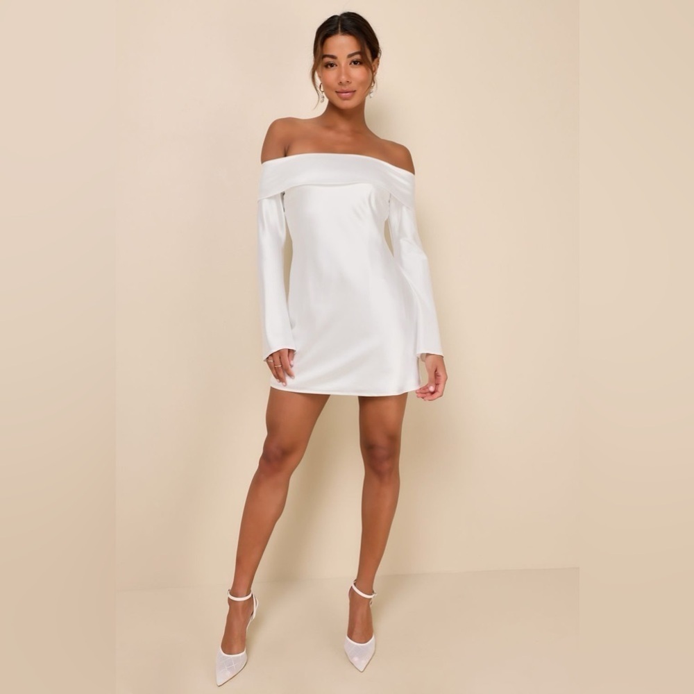 Lulus Luxurious Vision White Satin Off-the-Shoulder Mini Dress sz XS